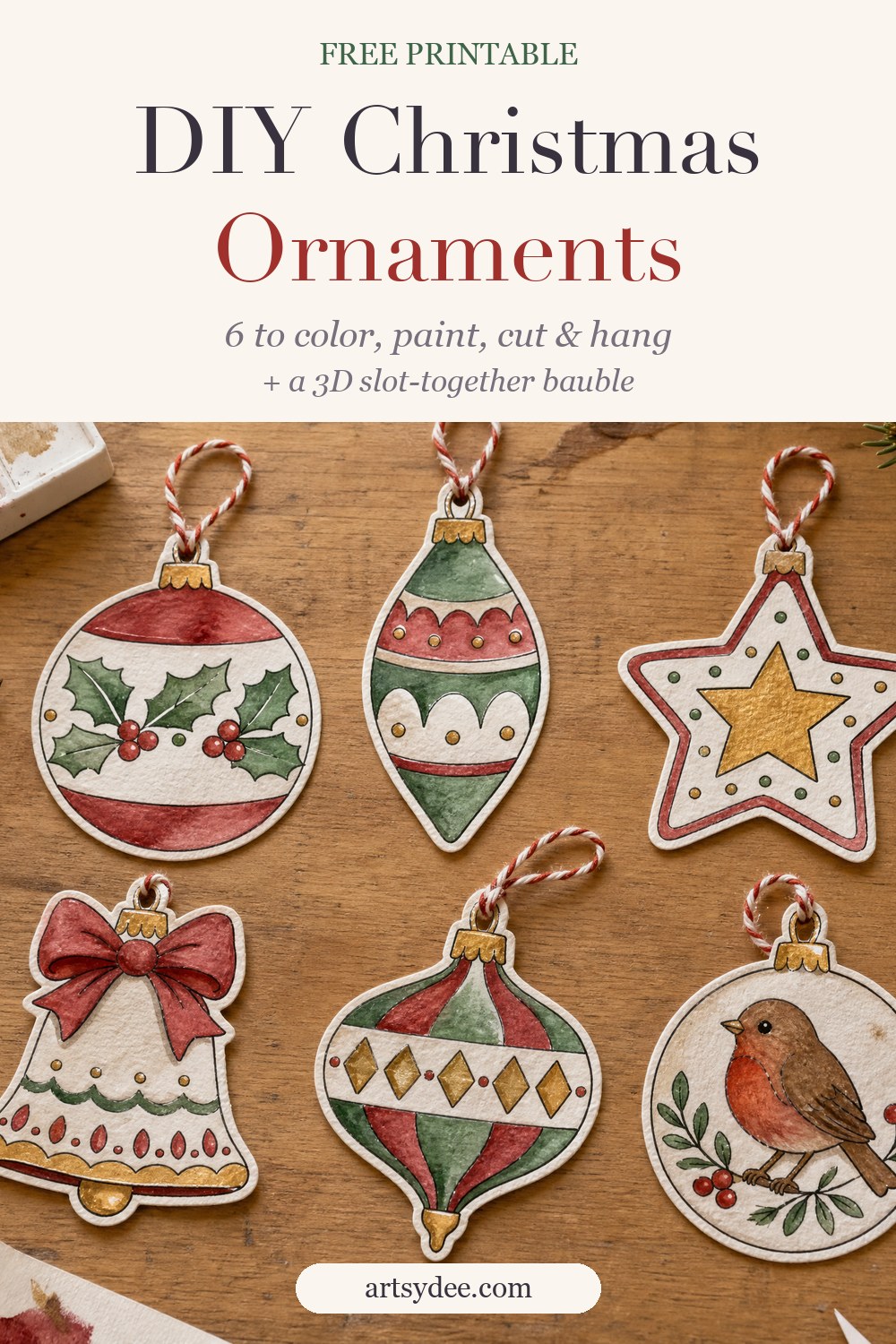 DIY Christmas ornaments: six paper ornaments painted in red, green and gold watercolor, hung on red and white baker's twine, with the title DIY Christmas Ornaments