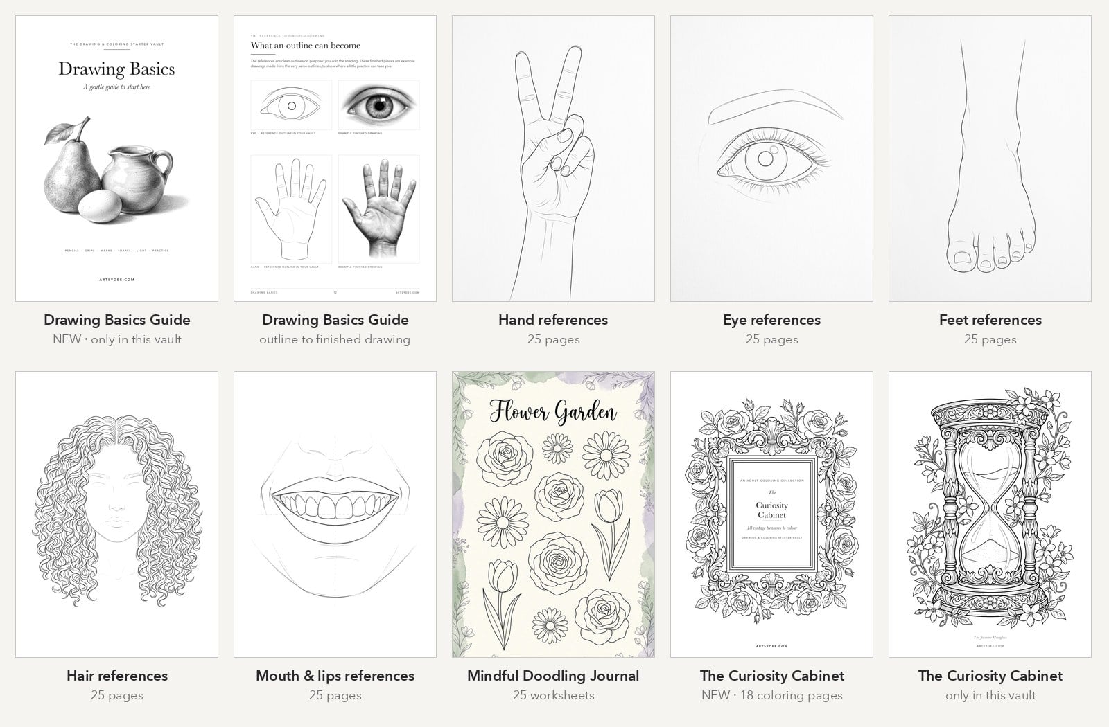 A peek inside the Drawing and Coloring Starter Vault: real pages from the new Drawing Basics guide, the hand, eye, feet, hair and mouth drawing references, the Mindful Doodling Journal and The Curiosity Cabinet coloring pages