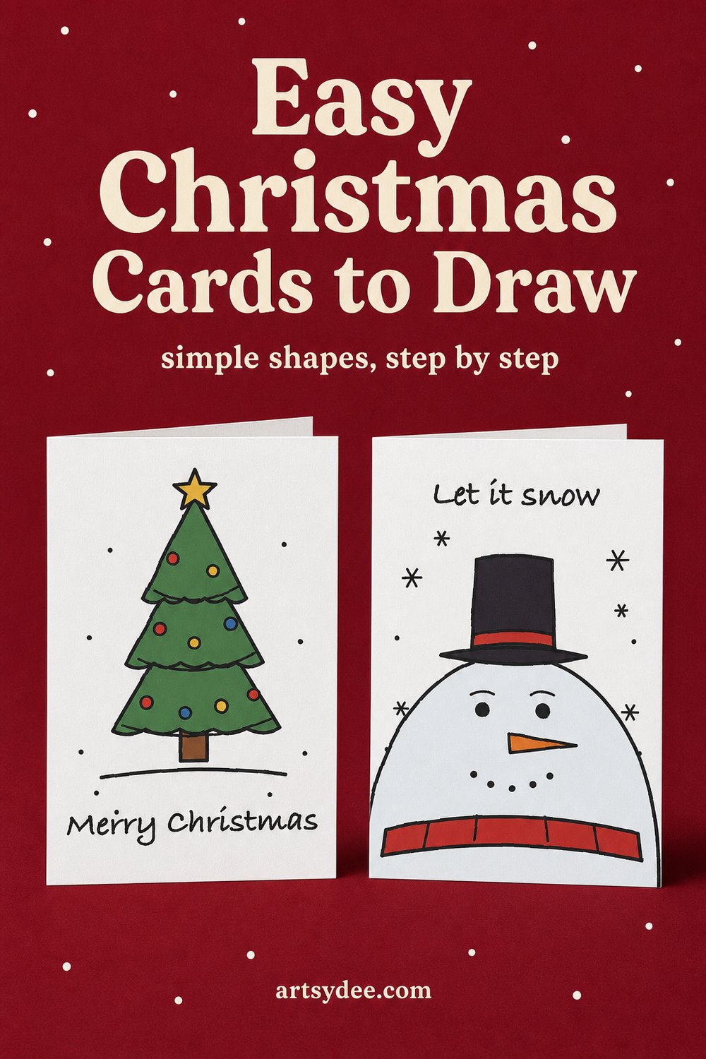 Easy Christmas cards to draw pin: a hand-drawn Christmas tree card and a peeking snowman card on a red background