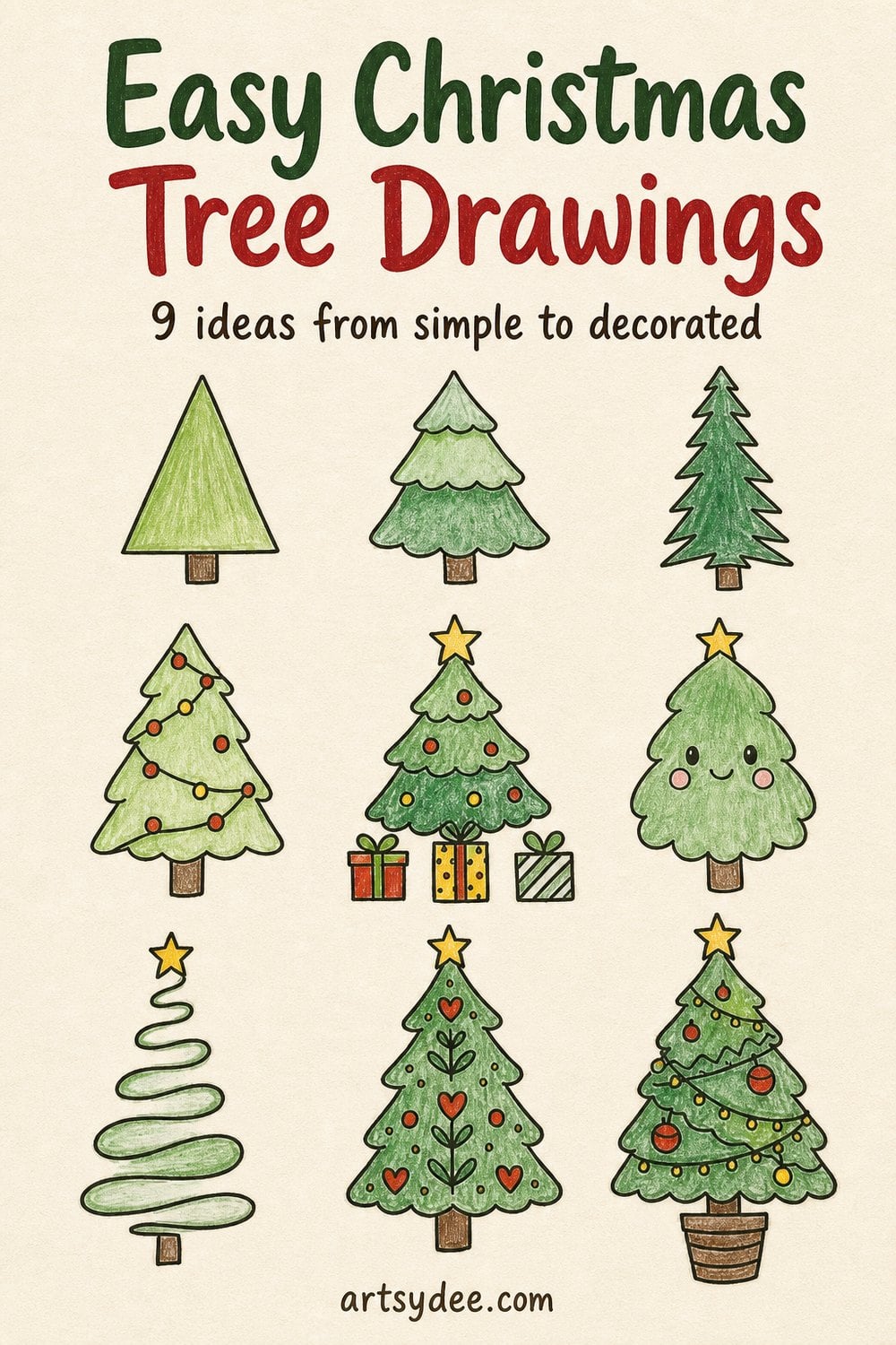 Easy Christmas tree drawings: nine coloured tree doodles in a grid, from a plain triangle tree to a fully decorated tree in a striped pot