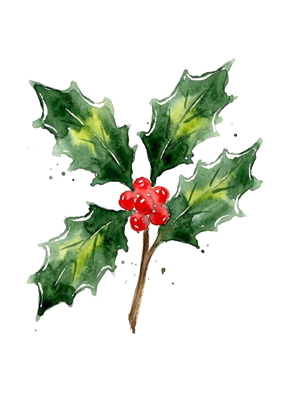 Painted reference of a loose watercolour holly sprig with glossy green leaves and red berries