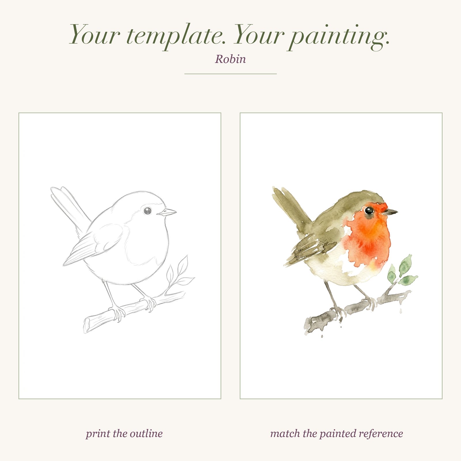 A robin watercolour template next to the painted robin, showing the outline and the finished painting