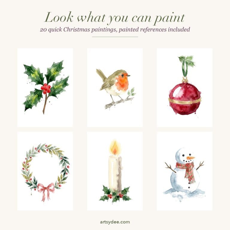 Twenty easy Christmas watercolour paintings: holly, a robin, a bauble, a wreath, a candle, a snowman and more