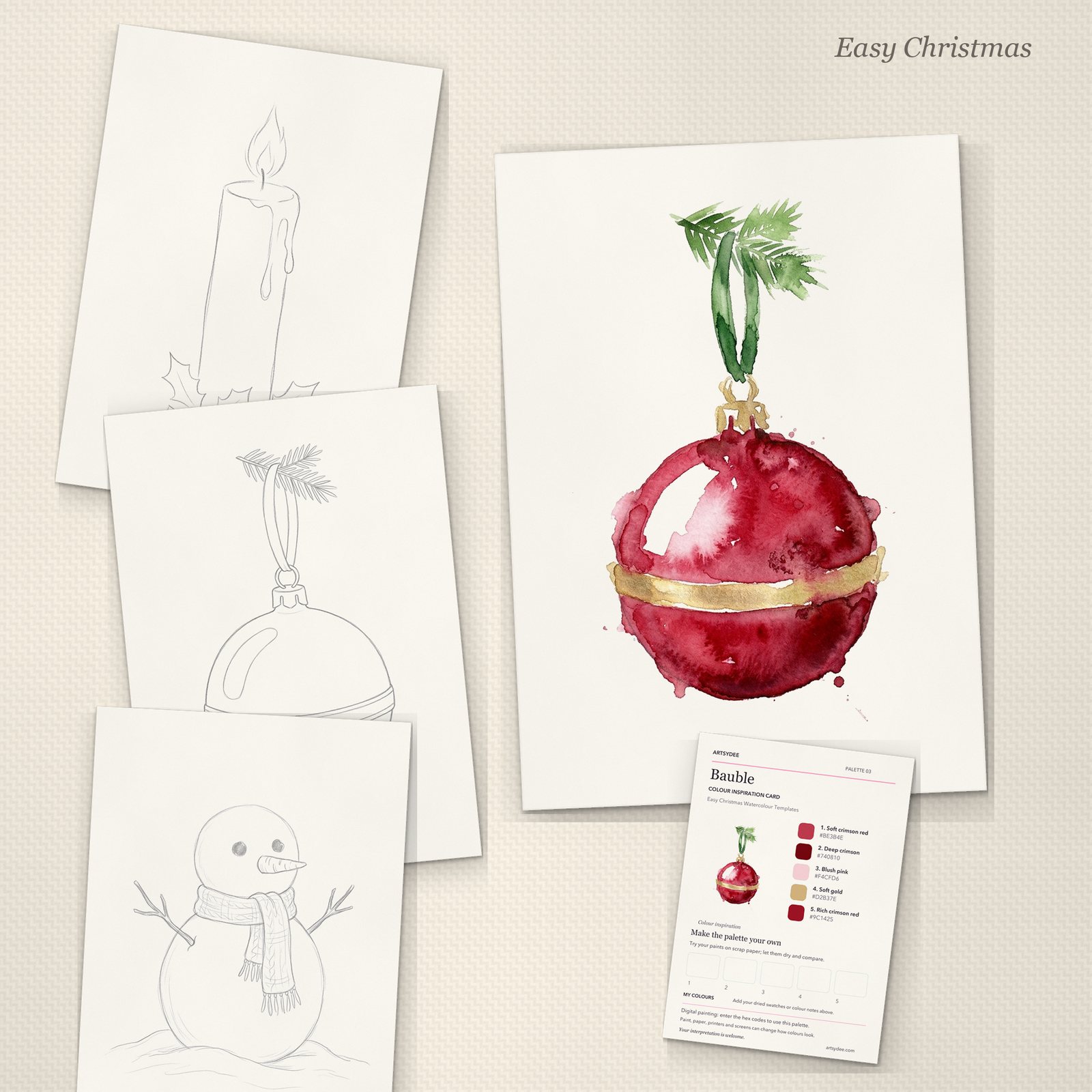 Easy Christmas watercolour templates printed out, with a painted red bauble and a colour inspiration card