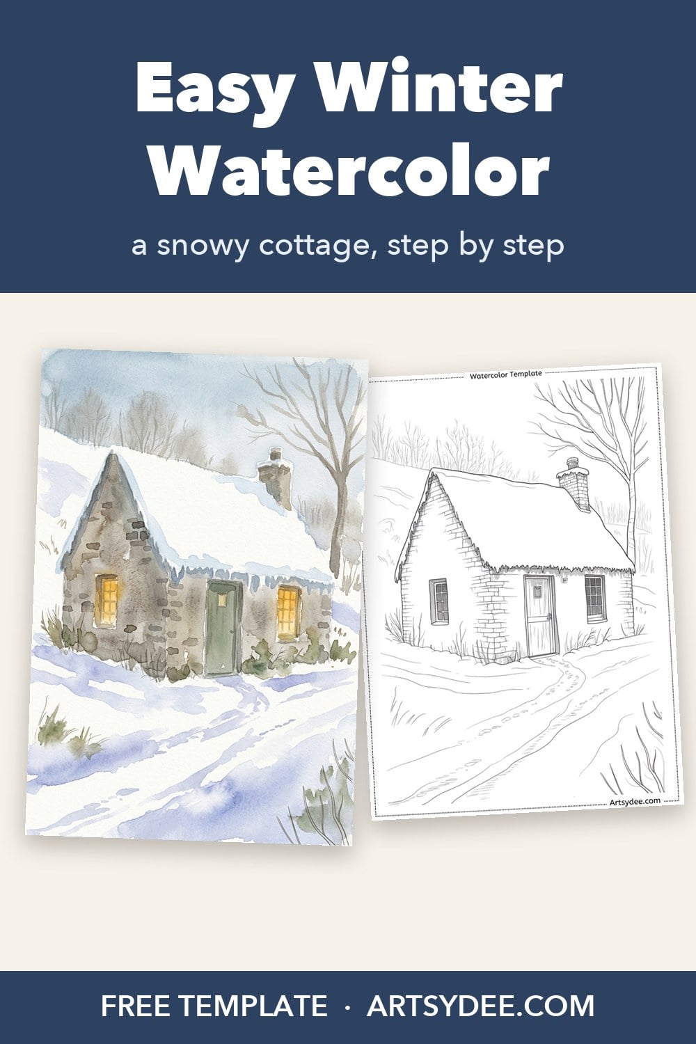 Pin: Easy Winter Watercolor, a snowy cottage painted reference next to its outline template
