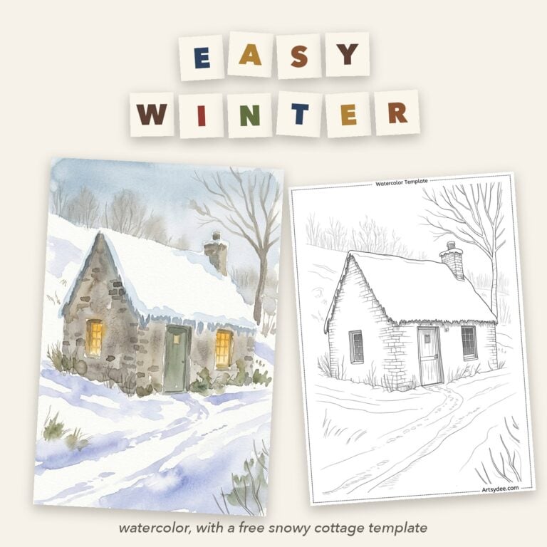 Easy winter watercolor: a loose painted snowy cottage beside its printable outline template on a cream desk