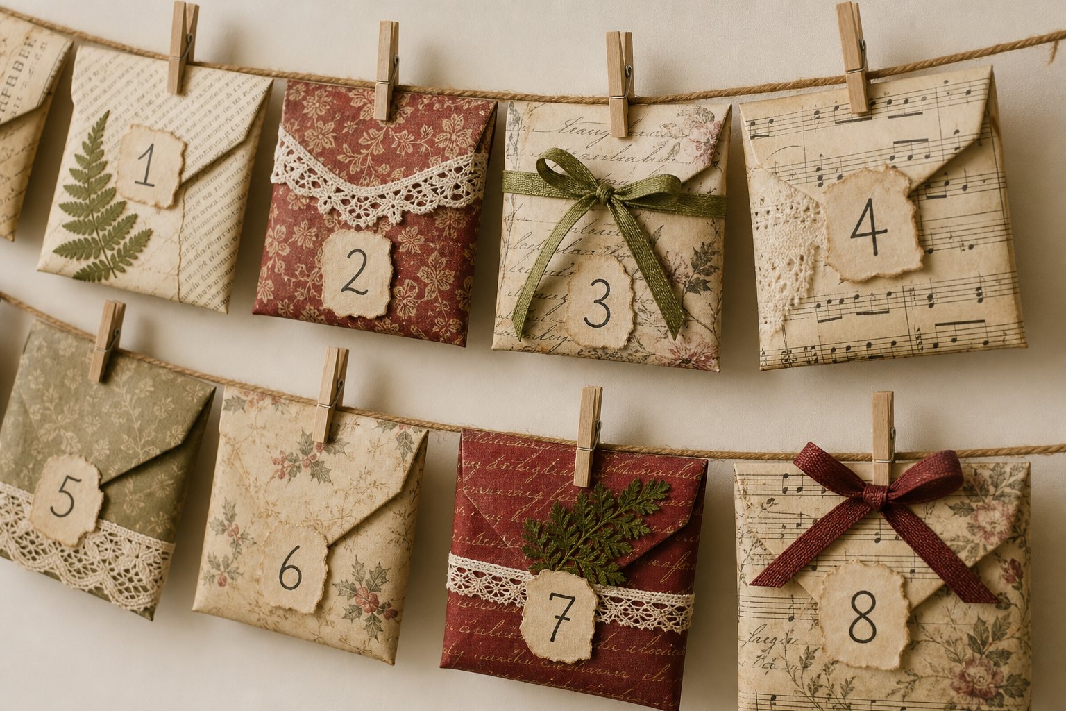 Junk journal style envelopes made from book pages and patterned paper, each with a number label, hanging as bunting on jute string