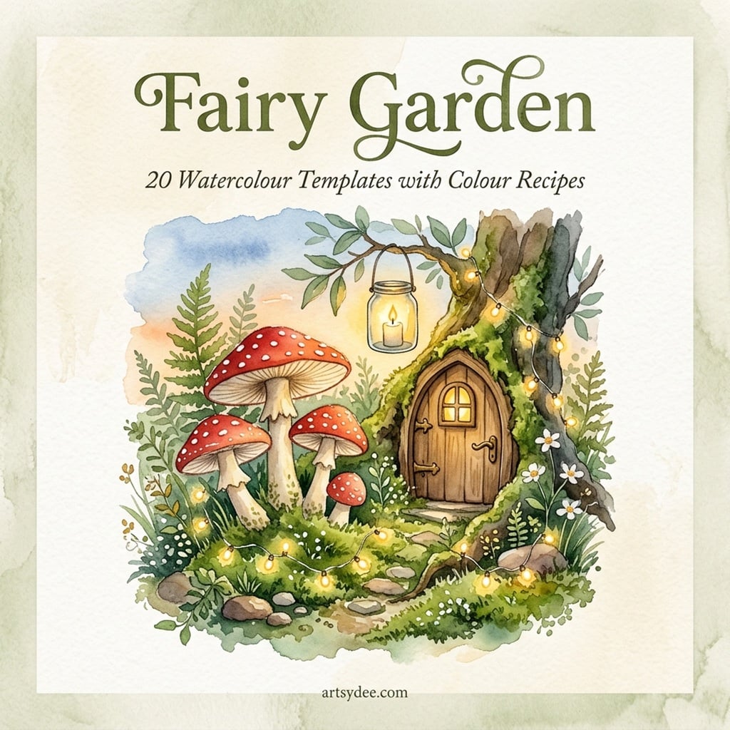 Fairy Garden watercolour templates: toadstools, fairy doors and lanterns
