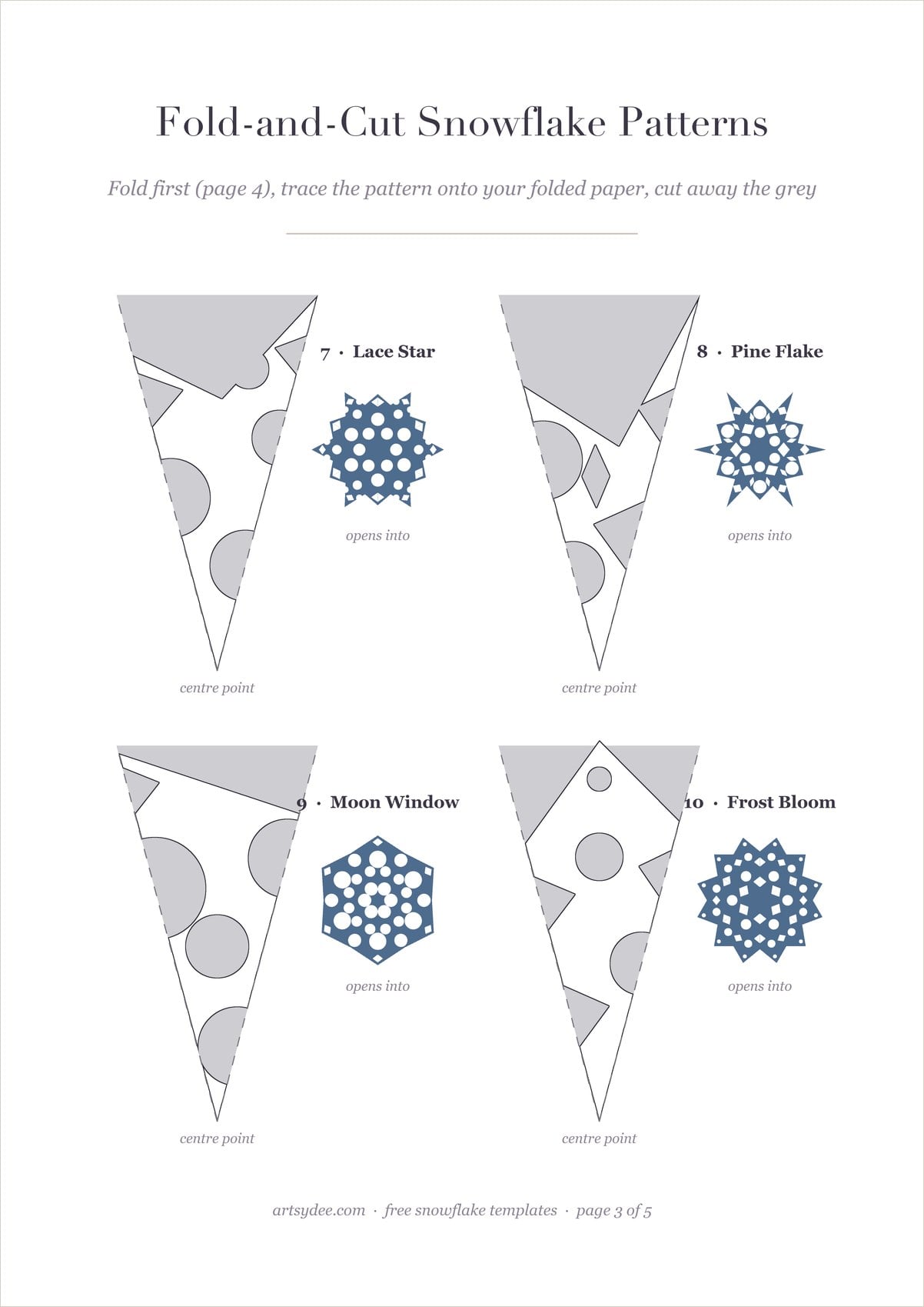 Four fold-and-cut paper snowflake patterns with the grey areas to cut away and a preview of each opened snowflake
