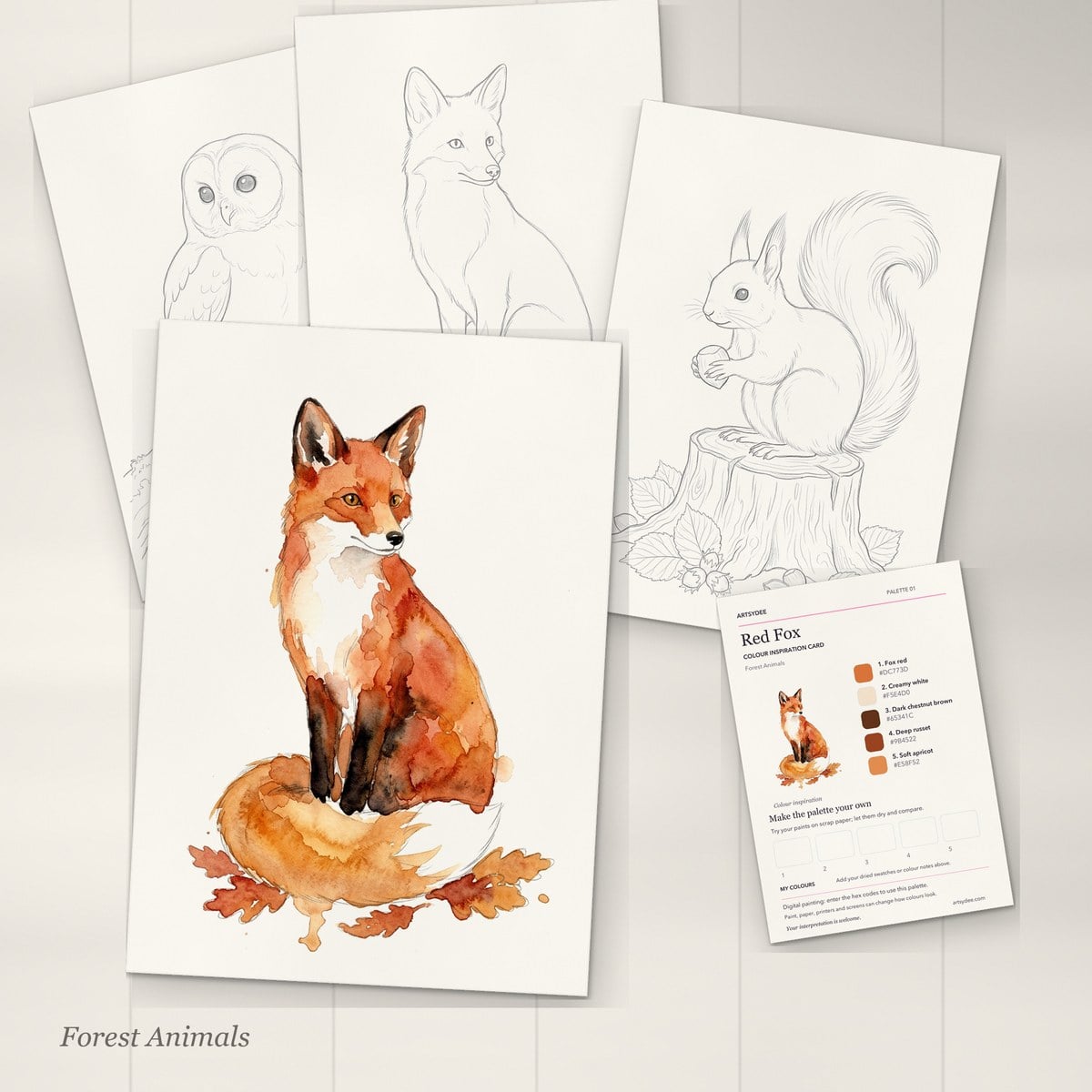 Forest Animals watercolor templates: outlines of a tawny owl, a fox and a red squirrel, a painted fox reference and a Colour Inspiration Card