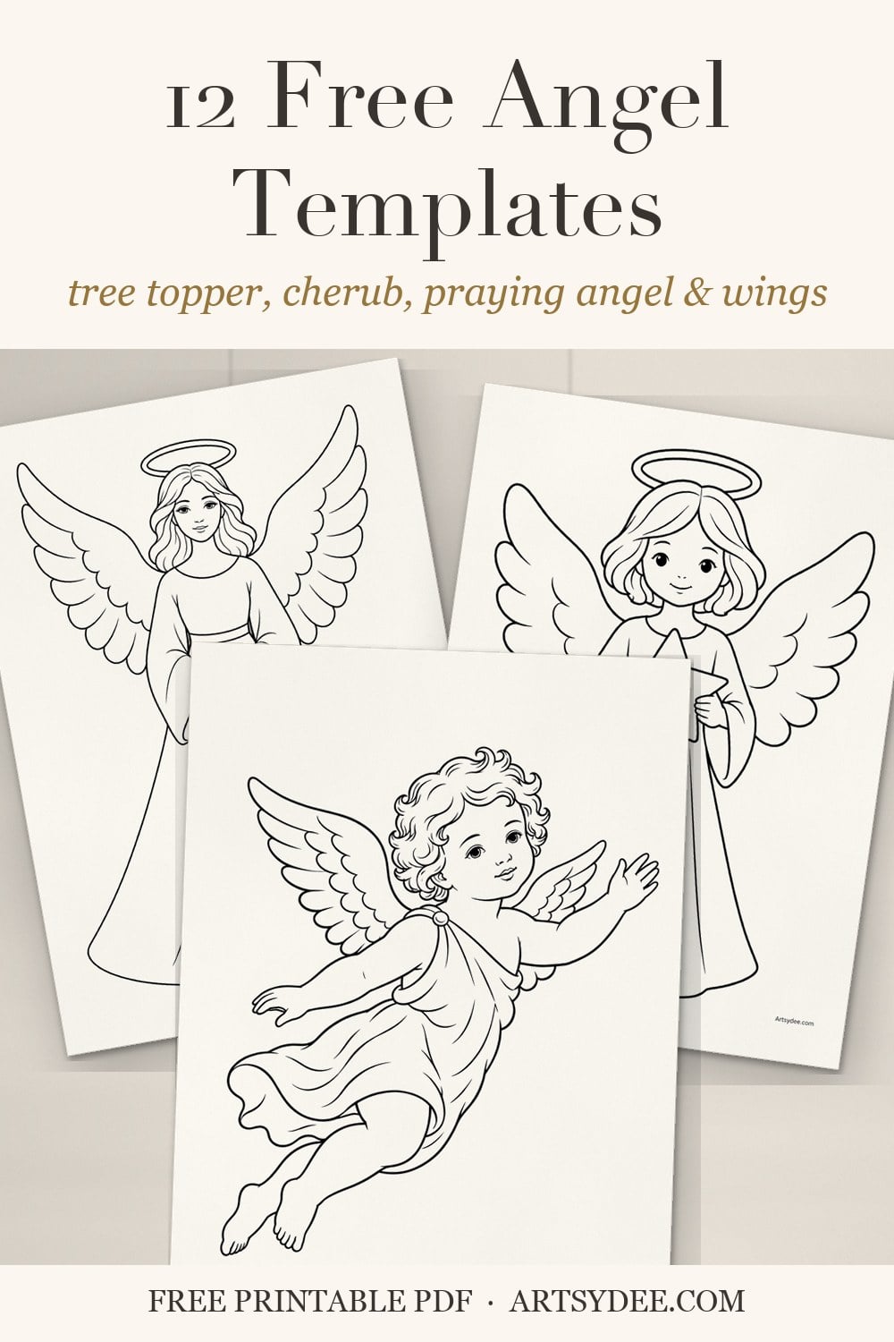 Pin: 12 free angel templates, printed tree topper, cherub, angel holding a star and angel wing outlines on a desk