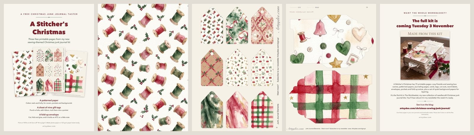 The free Stitcher's Christmas junk journal taster: a cotton-reel patterned paper, nine gift tags and a fold-up envelope
