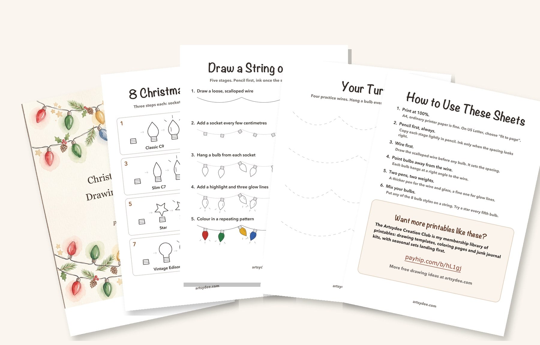 The five pages of the free Christmas lights drawing templates: cover, 8 bulb styles, a string of lights in five stages, practice wires and a tips page