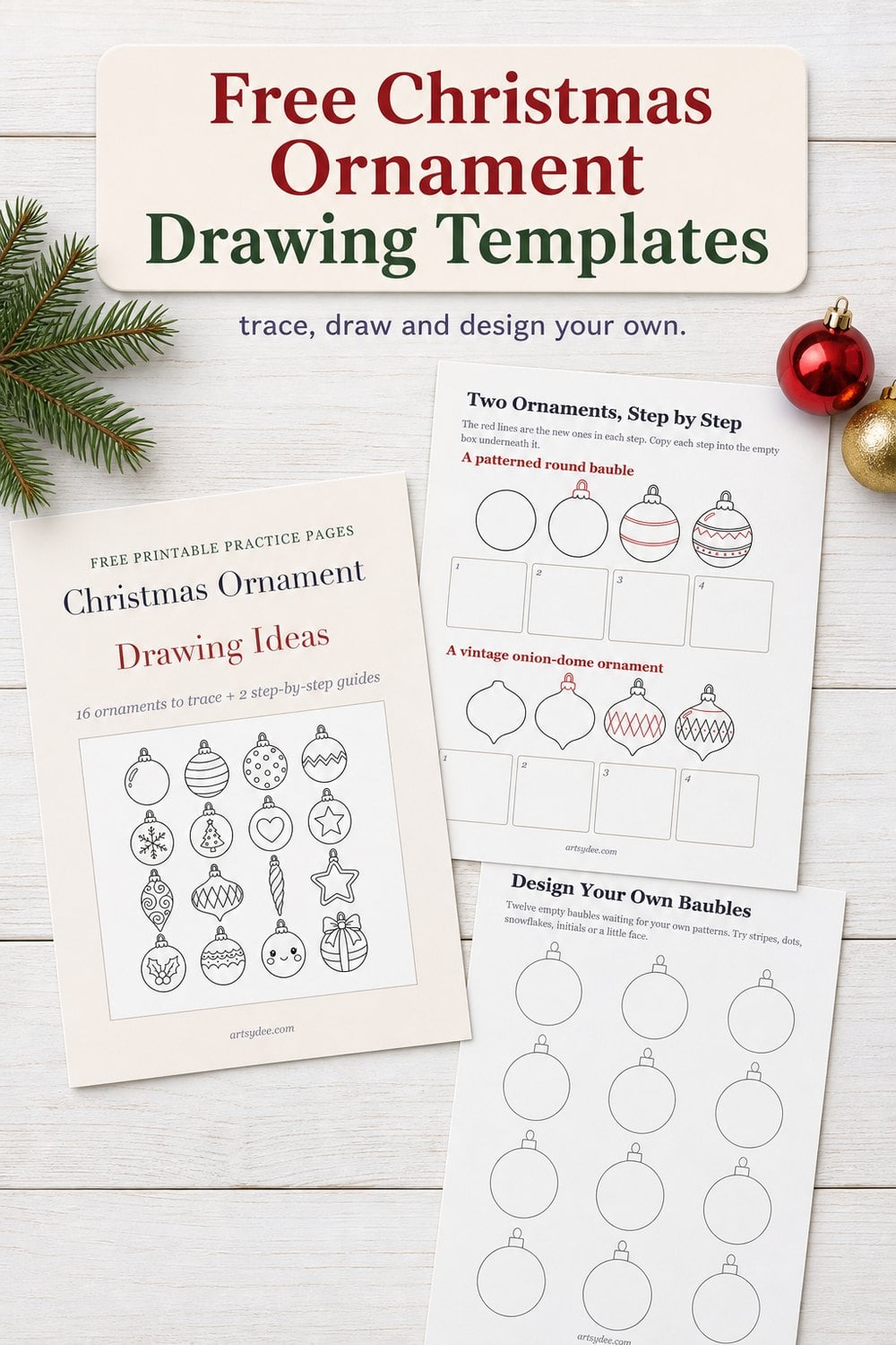Free Christmas ornament drawing templates: printed practice pages with ornaments to trace, two step-by-step guides and blank baubles to design