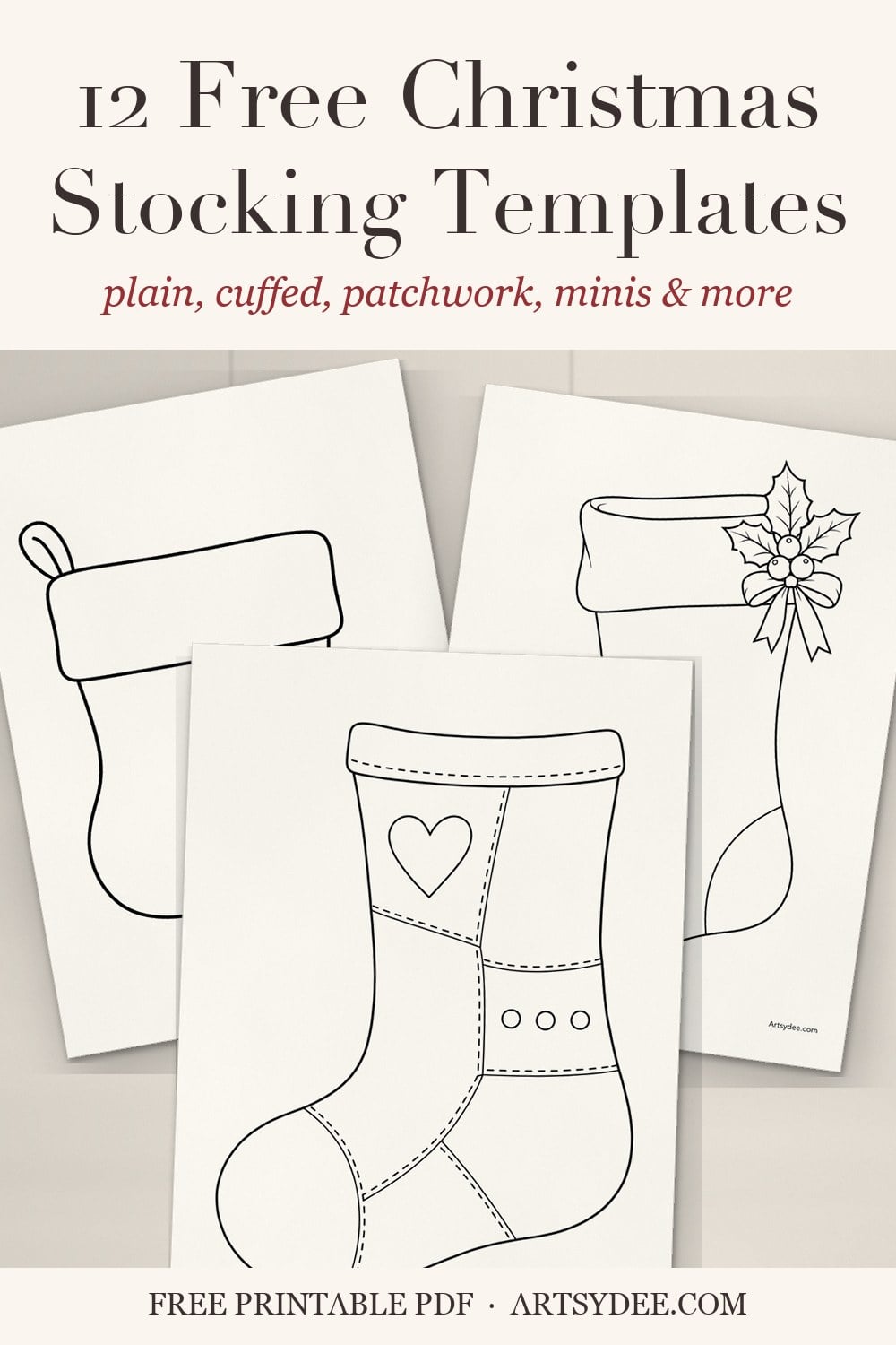 Pin: 12 free Christmas stocking templates, printed broad cuffed, patchwork and holly stocking outlines on a desk