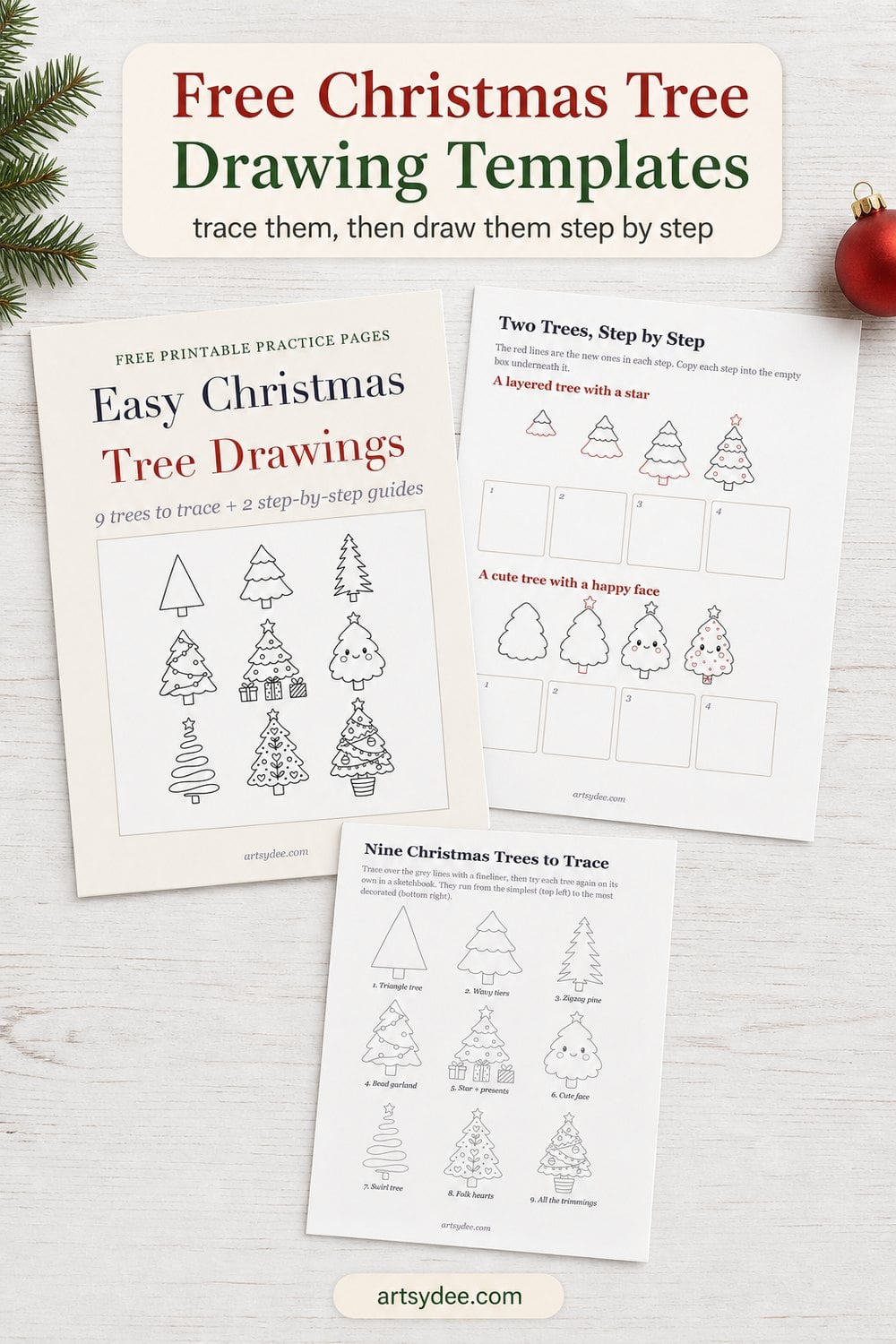 Free Christmas tree drawing templates: three printed practice pages with trees to trace and two step-by-step tree guides on a wooden desk