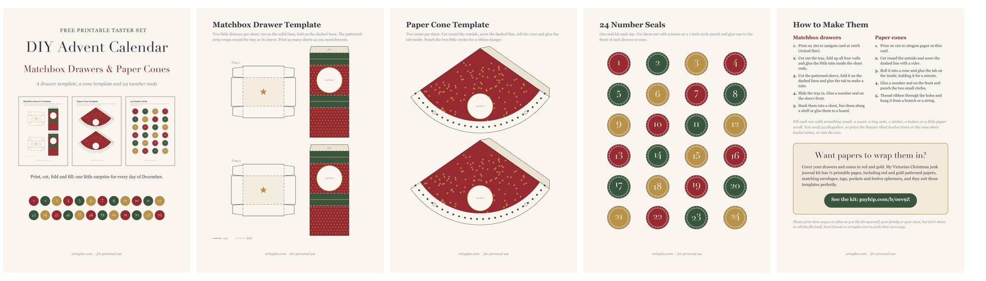 The five free DIY advent calendar printable pages: cover, matchbox drawer template, paper cone template, 24 number seals and how-to page