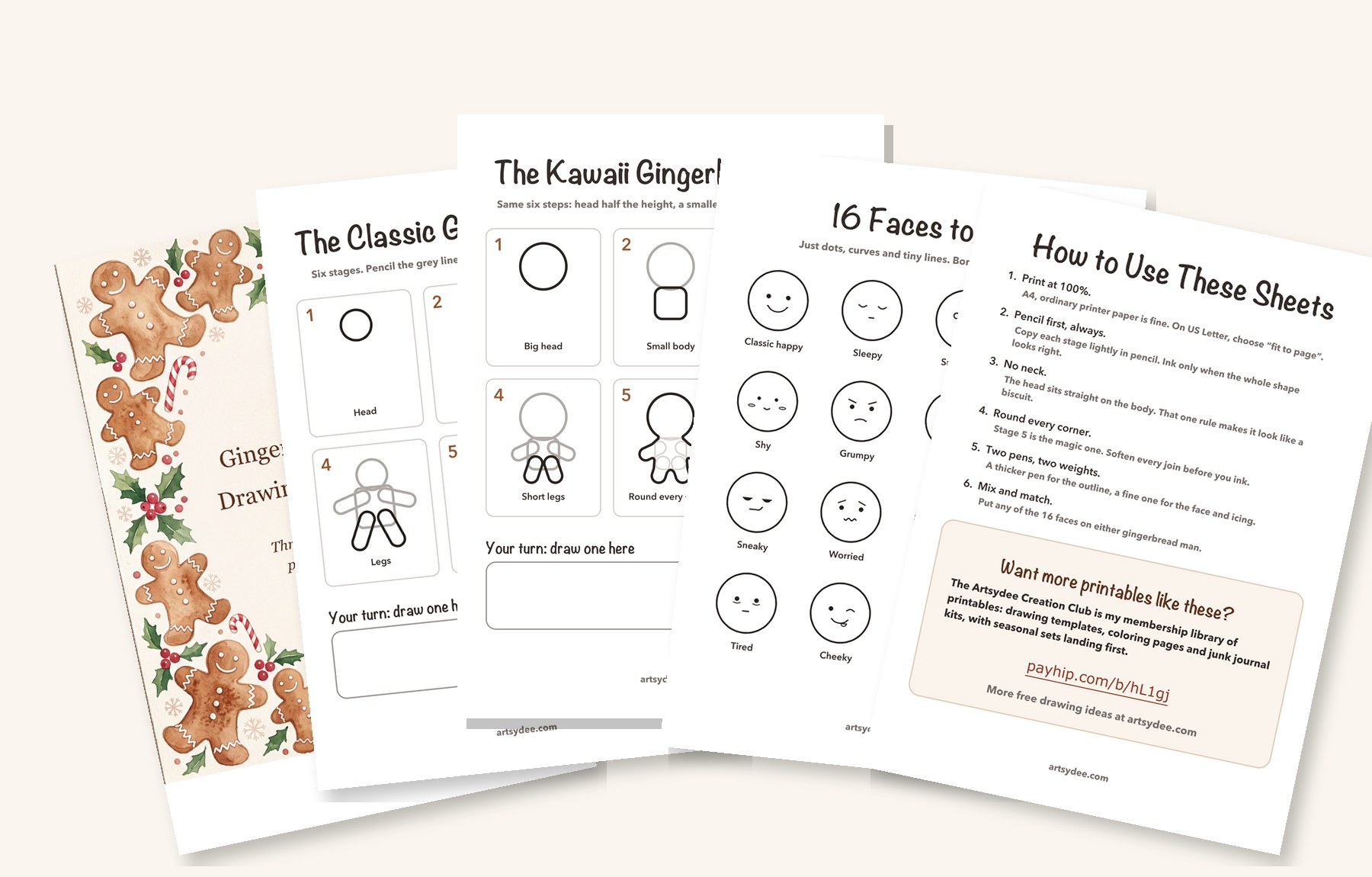 The five pages of the free gingerbread man drawing templates: cover, classic and kawaii step-by-step sheets, 16 faces and a tips page