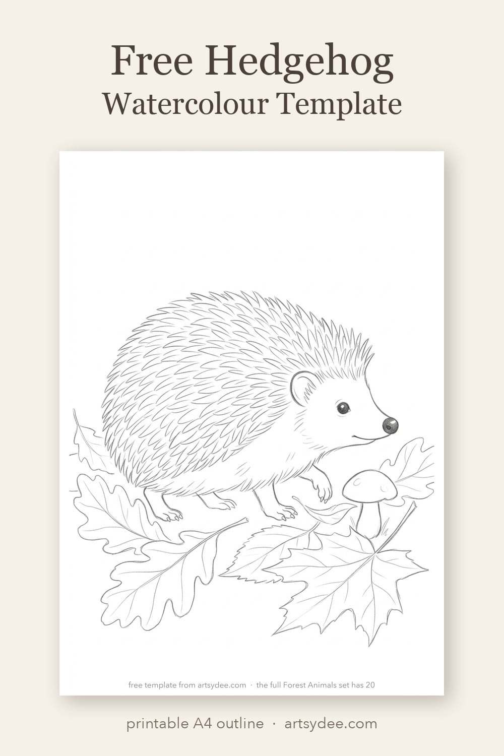 Pin: free hedgehog watercolor template, a printable A4 pencil outline of a hedgehog in autumn leaves