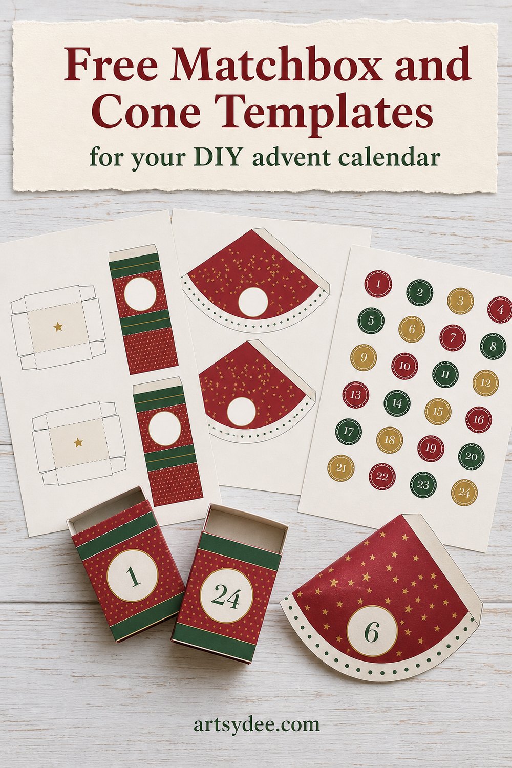 Free matchbox drawer and paper cone printables for a DIY advent calendar, printed pages with two finished drawers and a cut-out cone on a desk