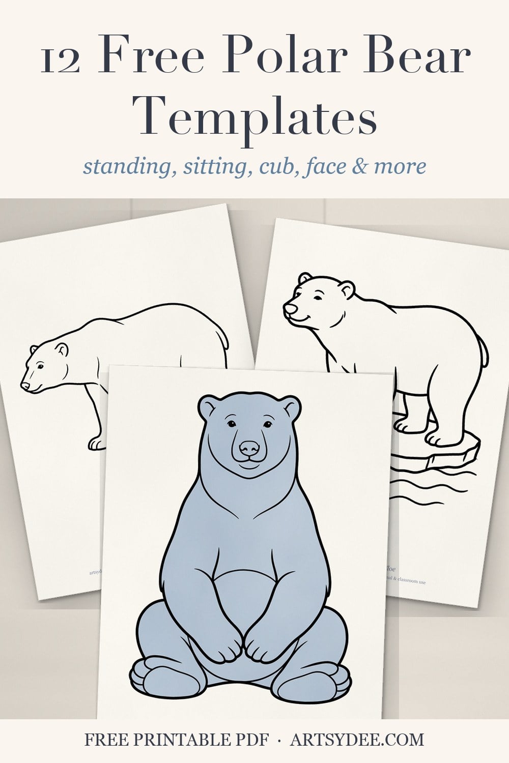 Pin: 12 free polar bear templates, printed standing, on-ice and sitting polar bear outlines with the sitting bear coloured in blue-grey