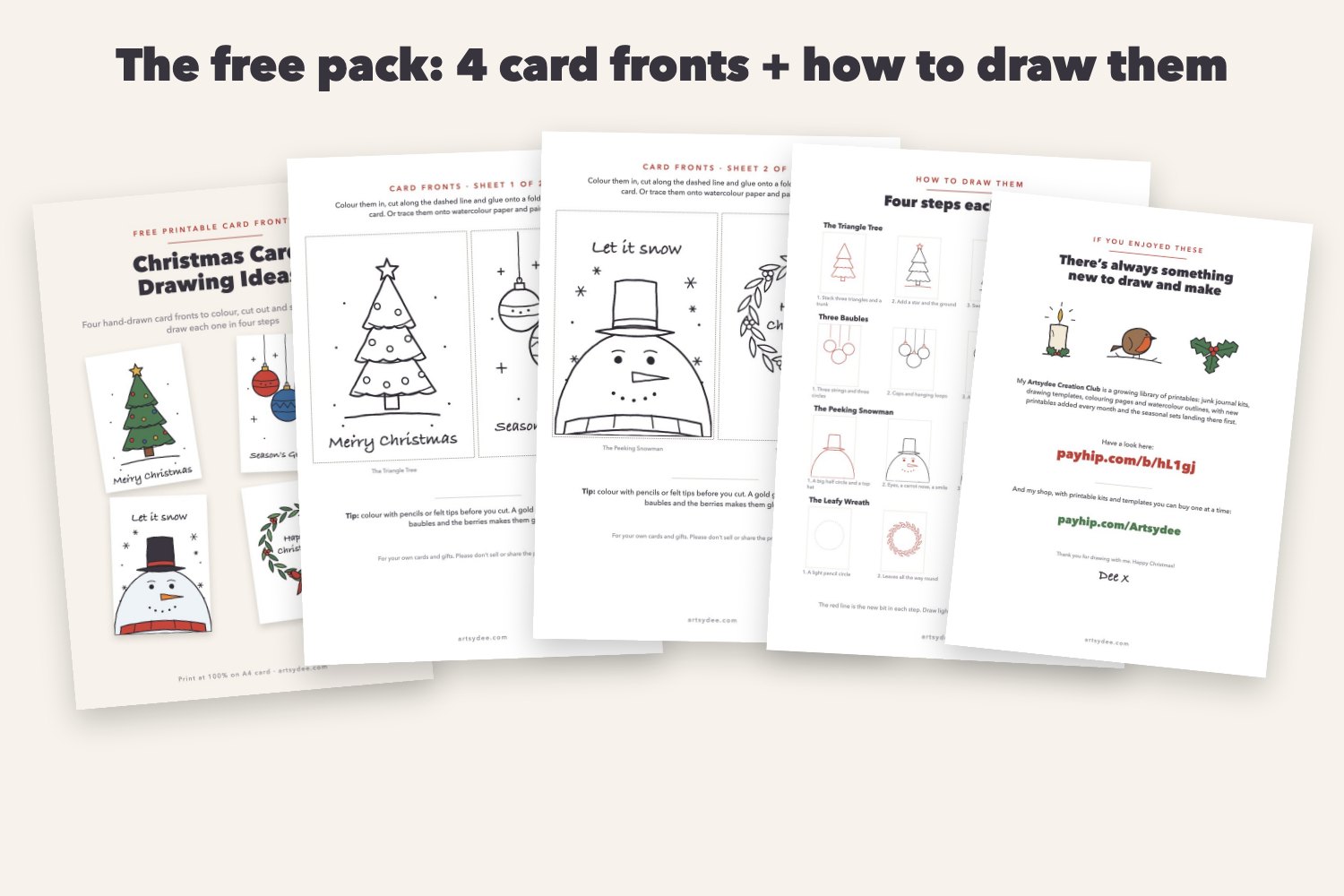 The free printable Christmas card fronts pack: a cover, two sheets of card fronts to colour and cut out, a how-to-draw page and a Creation Club page