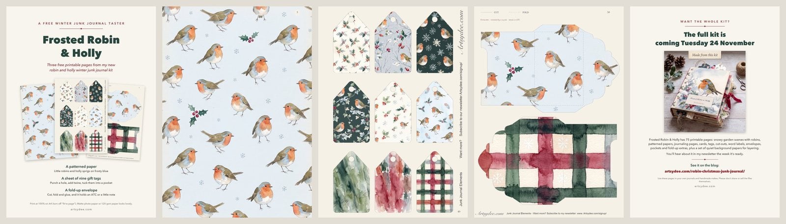 The free Frosted Robin and Holly junk journal taster: a little-robins patterned paper, nine gift tags and a fold-up envelope