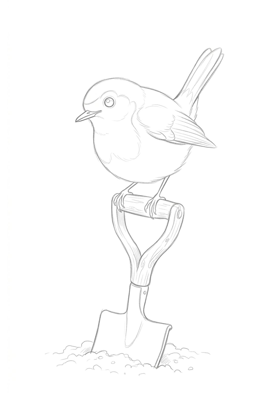 The free robin watercolour template: a soft pencil outline of a robin perched on a garden spade handle