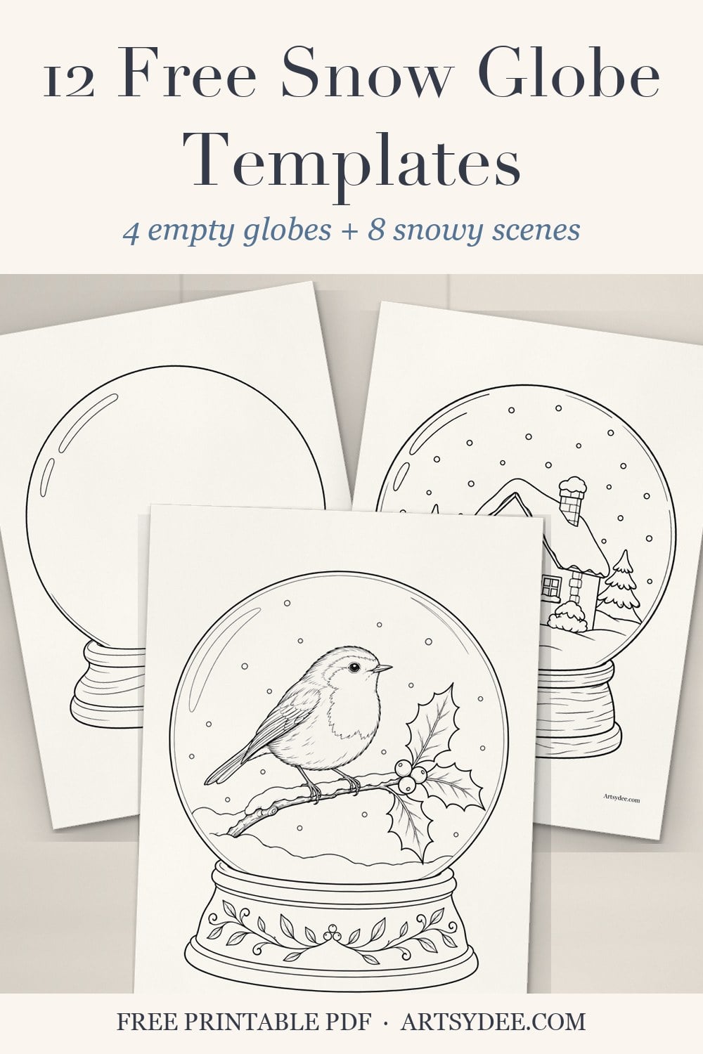 Pin: 12 free snow globe templates, printed empty snow globes to draw in and snowy scene globes with a cottage and a robin