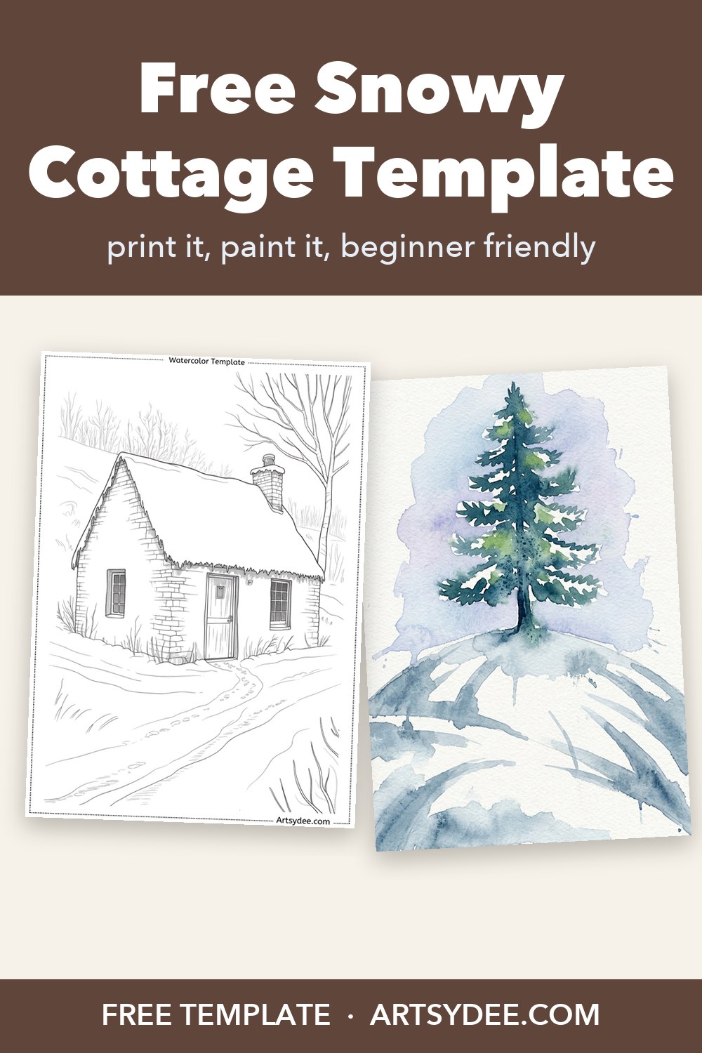 Pin: Free Snowy Cottage Template, the printable outline beside a painted lone pine on a snowy hill
