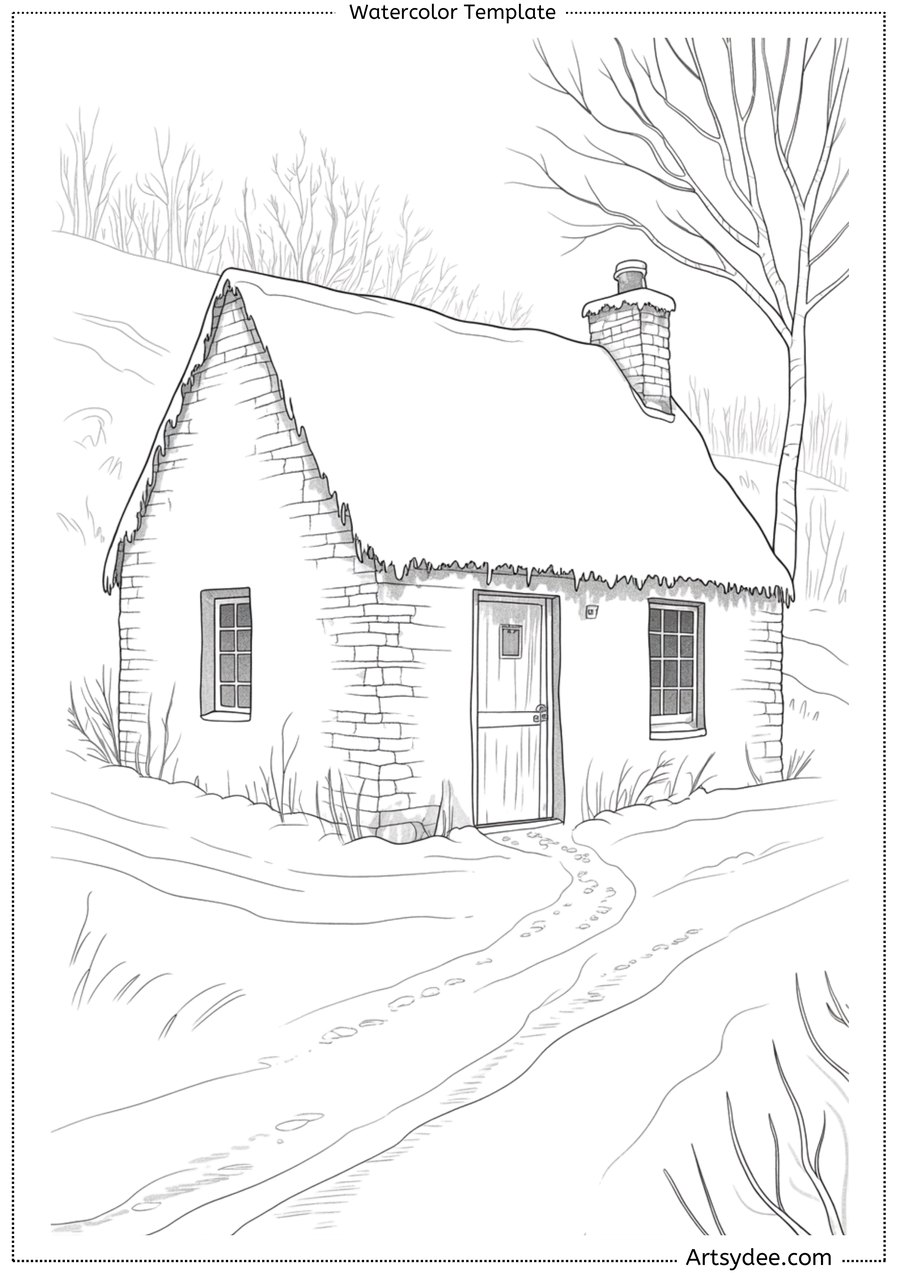 The free snowy cottage watercolor template: a printable outline of a stone cottage, bare trees and a snowy path
