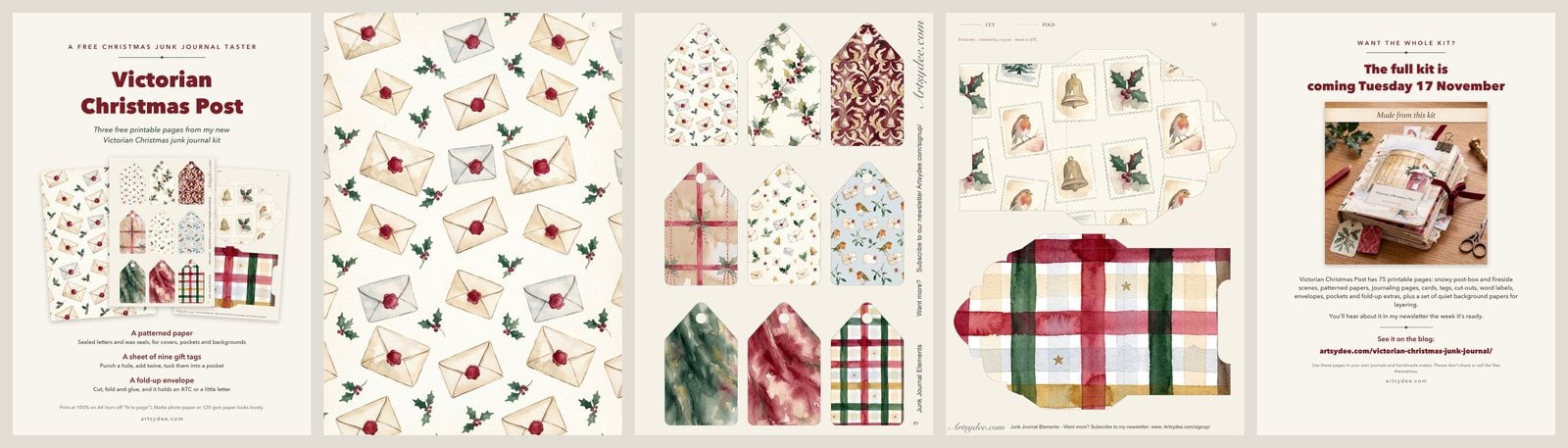 The free Victorian Christmas junk journal taster: a sealed-letters patterned paper, nine gift tags and a fold-up envelope