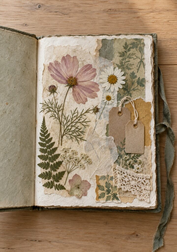 Garden-theme art journal page with pressed cosmos, daisies, fern and kraft tags on a wooden table