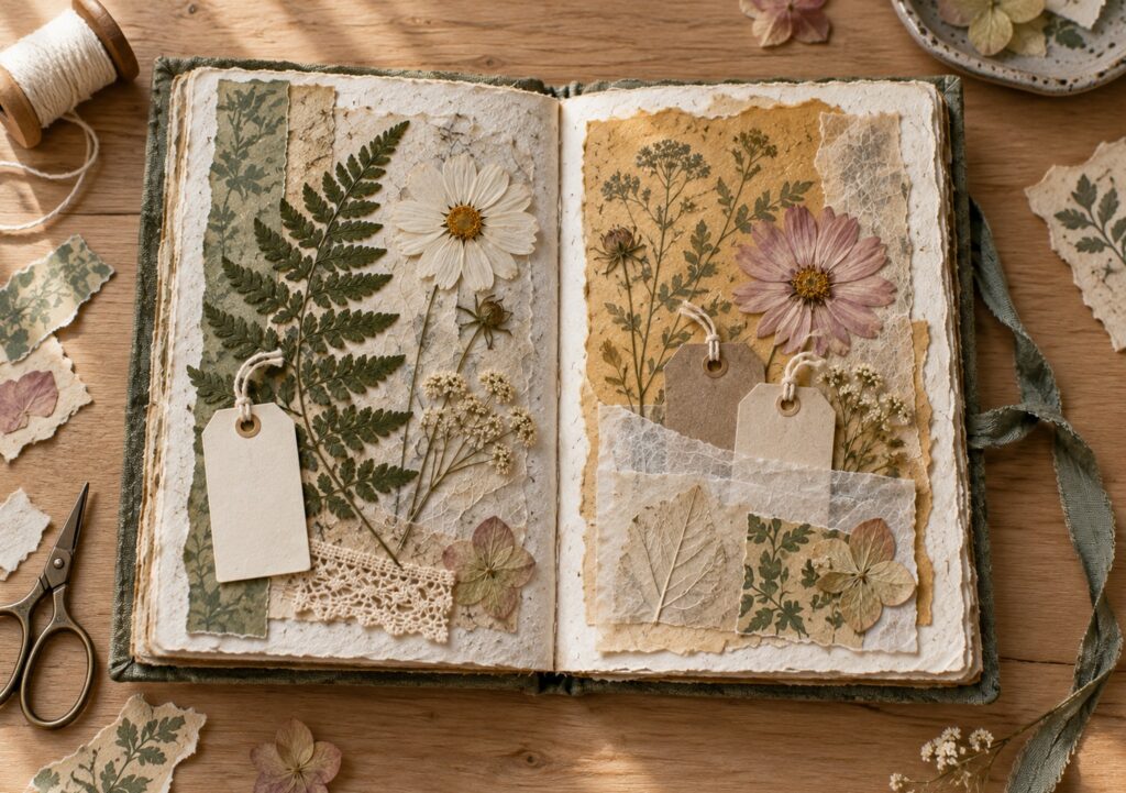 Open garden art journal spread with pressed ferns, flowers, tags and lace on a crafter's desk