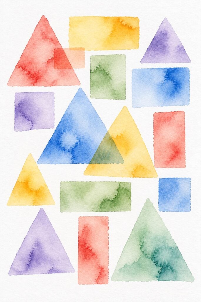 Easy watercolor example of a geometric pattern of colorful triangles and rectangles