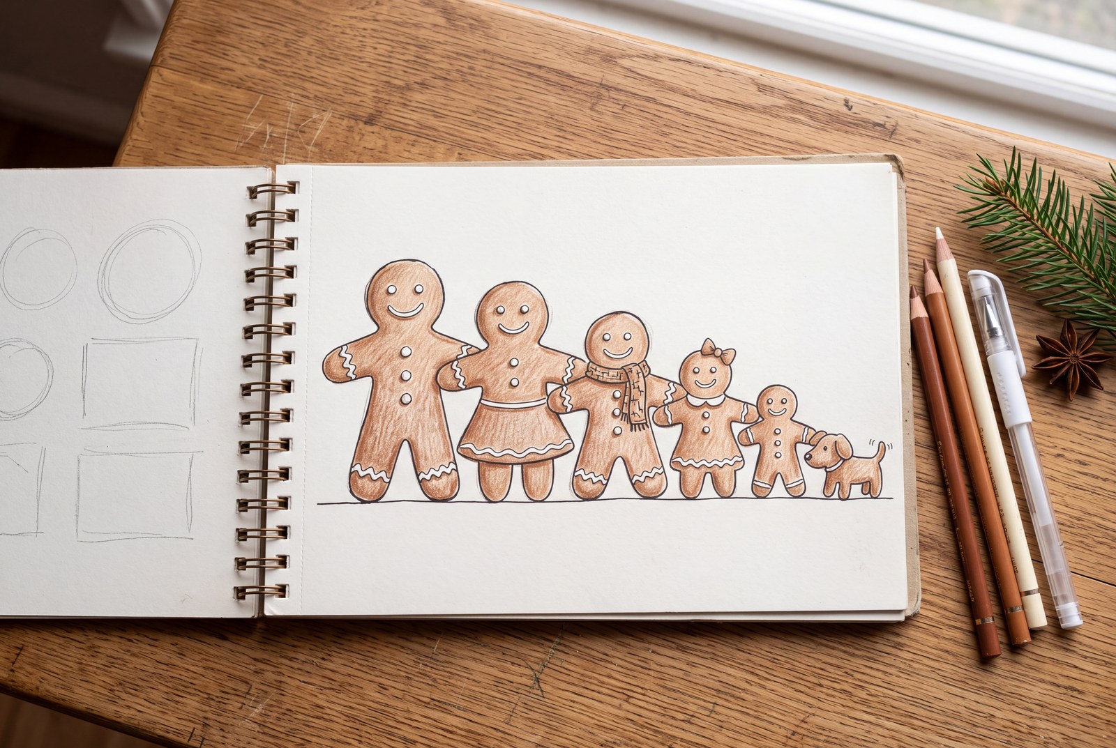 A gingerbread family drawing in a sketchbook: five gingerbread people of different heights and a gingerbread dog, coloured in brown pencil with white icing