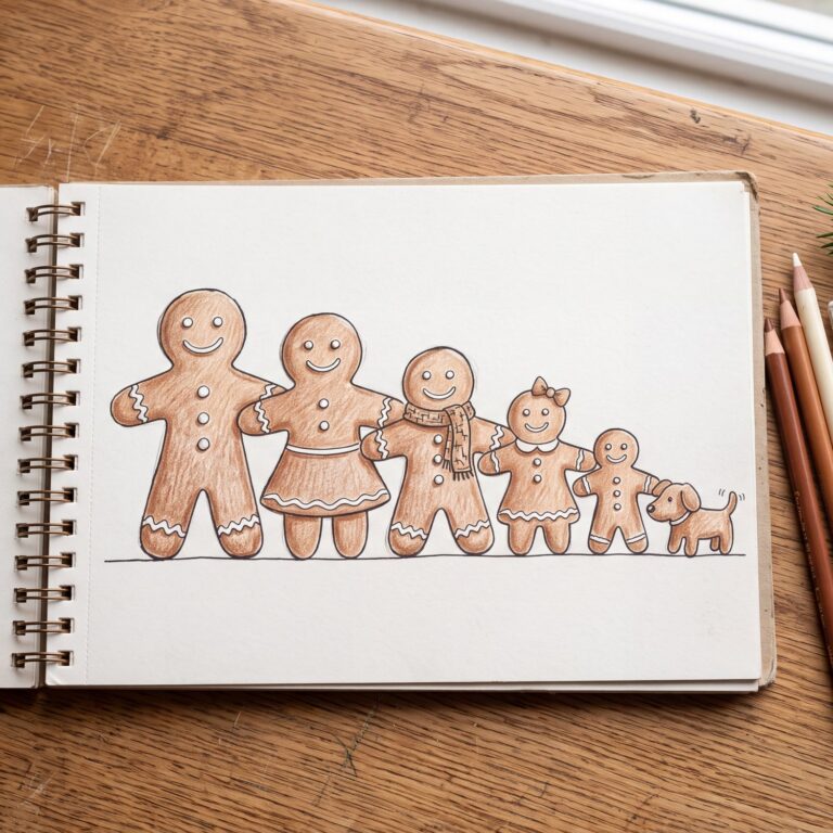 A sketchbook page with a row of gingerbread people drawn in fineliner and coloured with brown pencil, with a little gingerbread dog