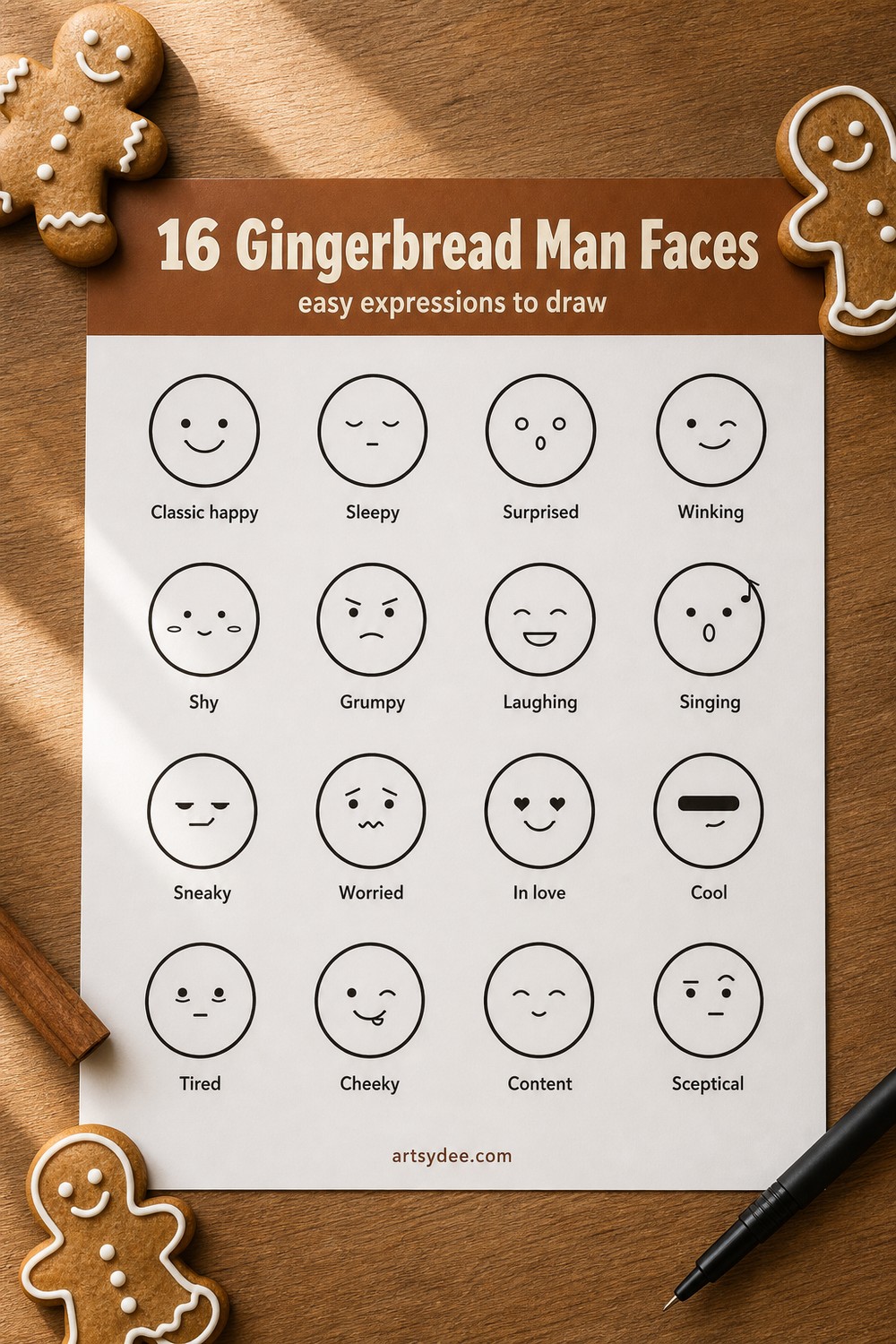 16 gingerbread man faces: a printed sheet of easy expressions to draw, surrounded by iced gingerbread biscuits