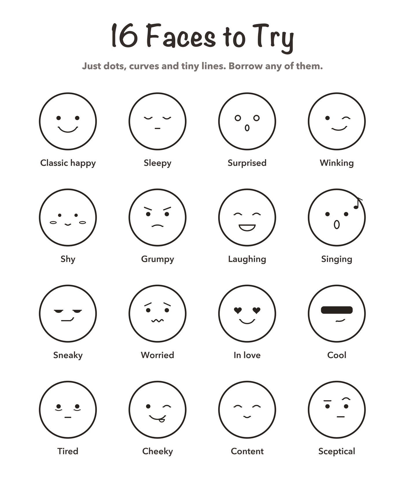 Sixteen gingerbread man faces to draw, from classic happy, sleepy and winking to in love, cool and sceptical