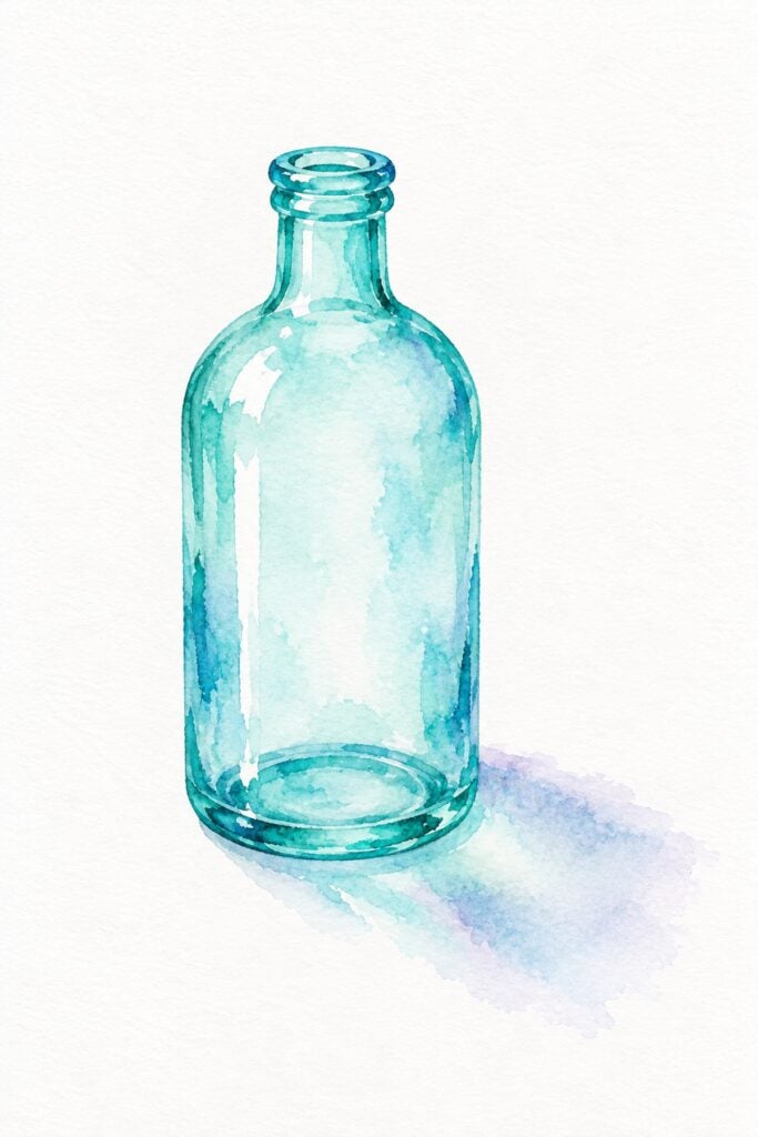 Easy watercolor example of a clear aqua glass bottle with highlights and a soft colored shadow