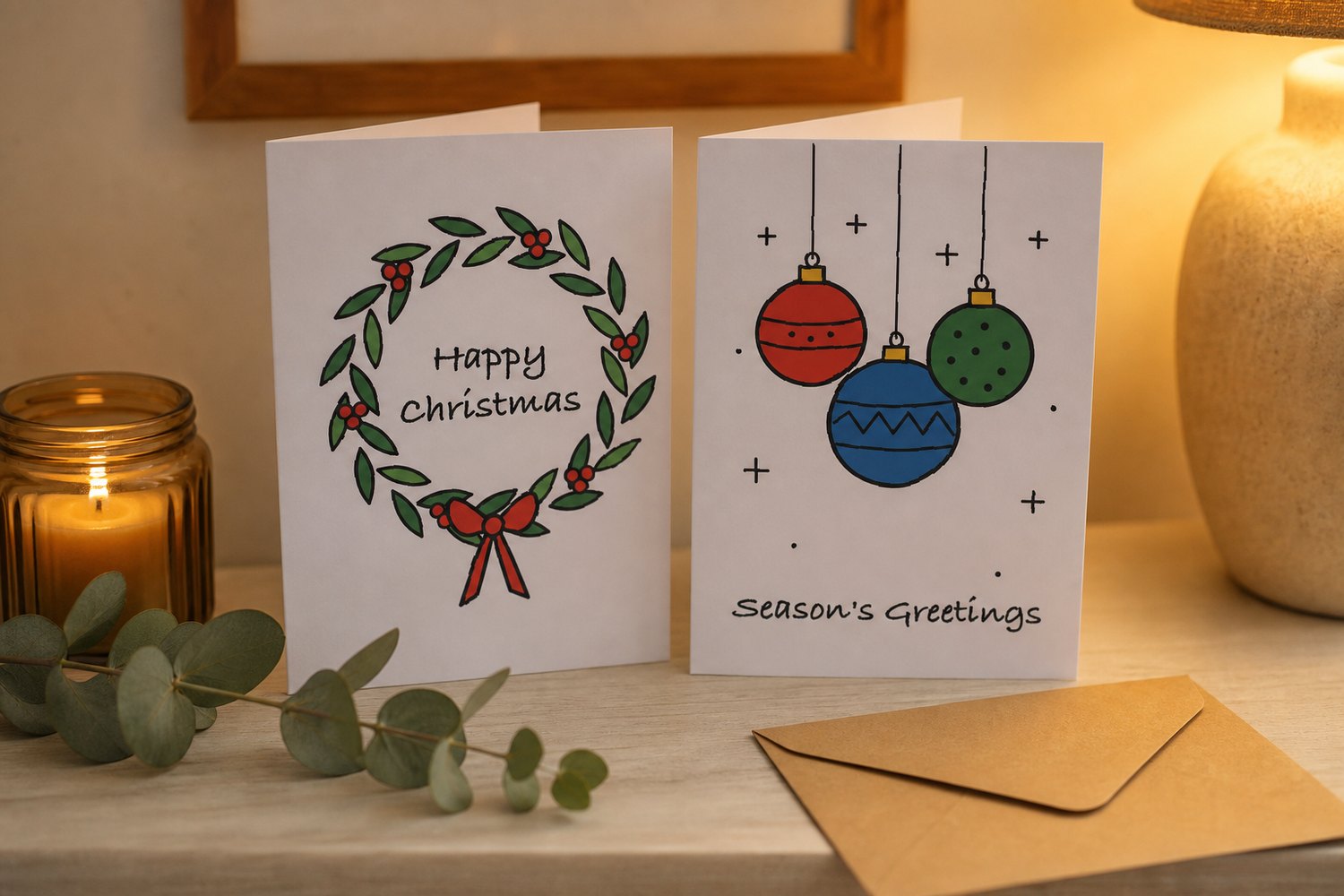 Two hand-drawn Christmas cards, a leafy wreath and three baubles, standing on a mantelpiece beside a candle and eucalyptus