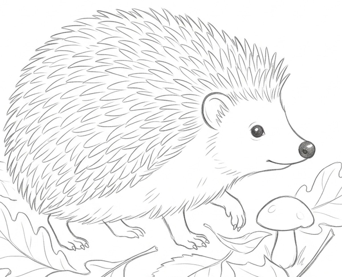 Close-up of the free hedgehog outline template: light grey pencil lines for the spines, face and paws