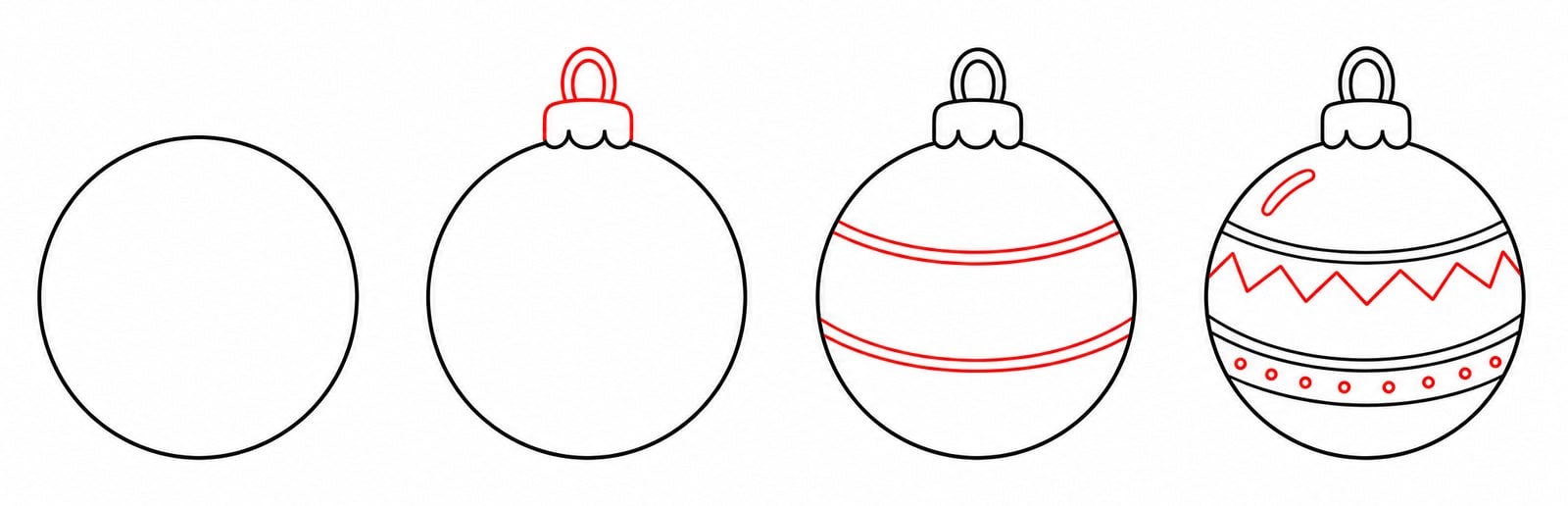 How to draw a patterned Christmas bauble in four steps, with the new lines in each step shown in red
