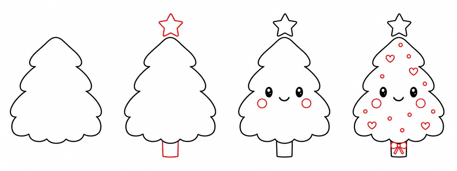 How to draw a cute Christmas tree with a smiling face in four steps, with the new lines in each step shown in red