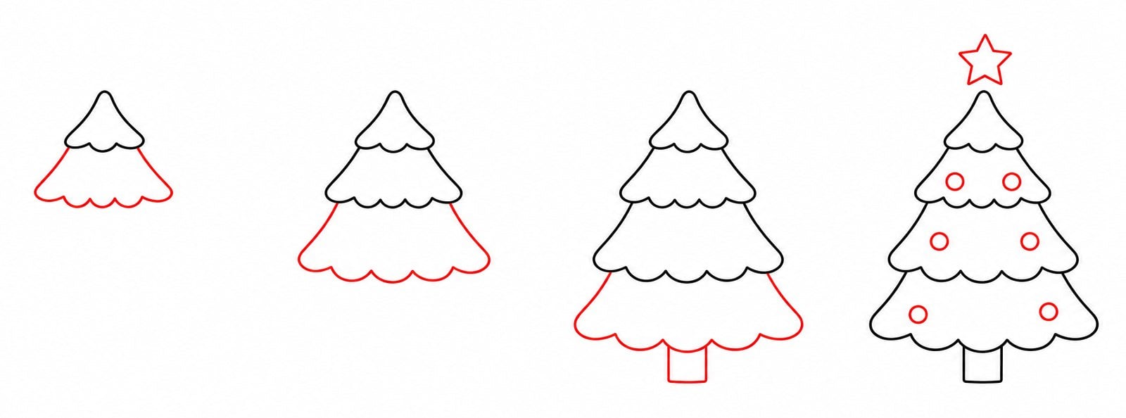 How to draw a layered Christmas tree in four steps, with the new lines in each step shown in red