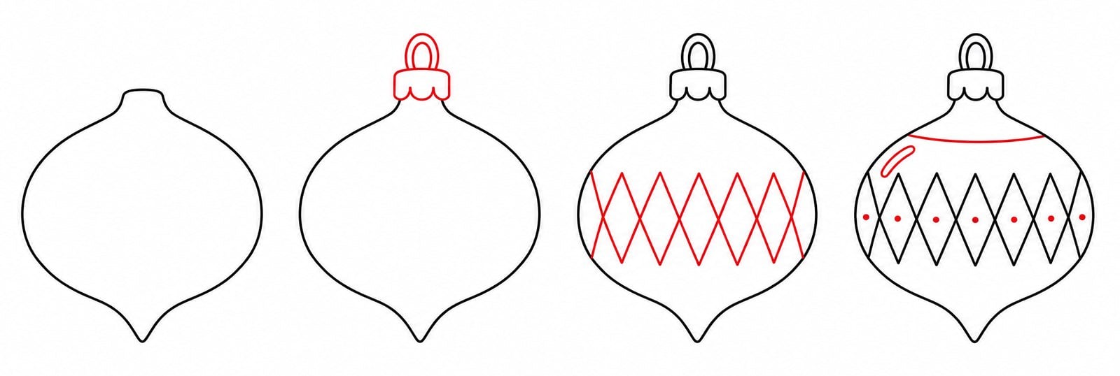 How to draw a vintage onion-dome Christmas ornament in four steps, with the new lines in each step shown in red
