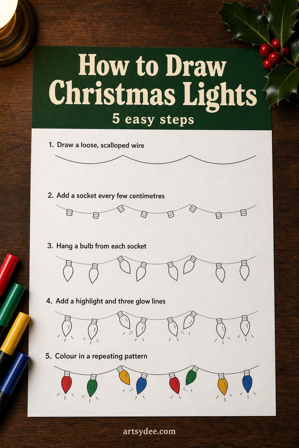 How to draw Christmas lights in 5 easy steps: a printed practice sheet showing a string of lights built up stage by stage