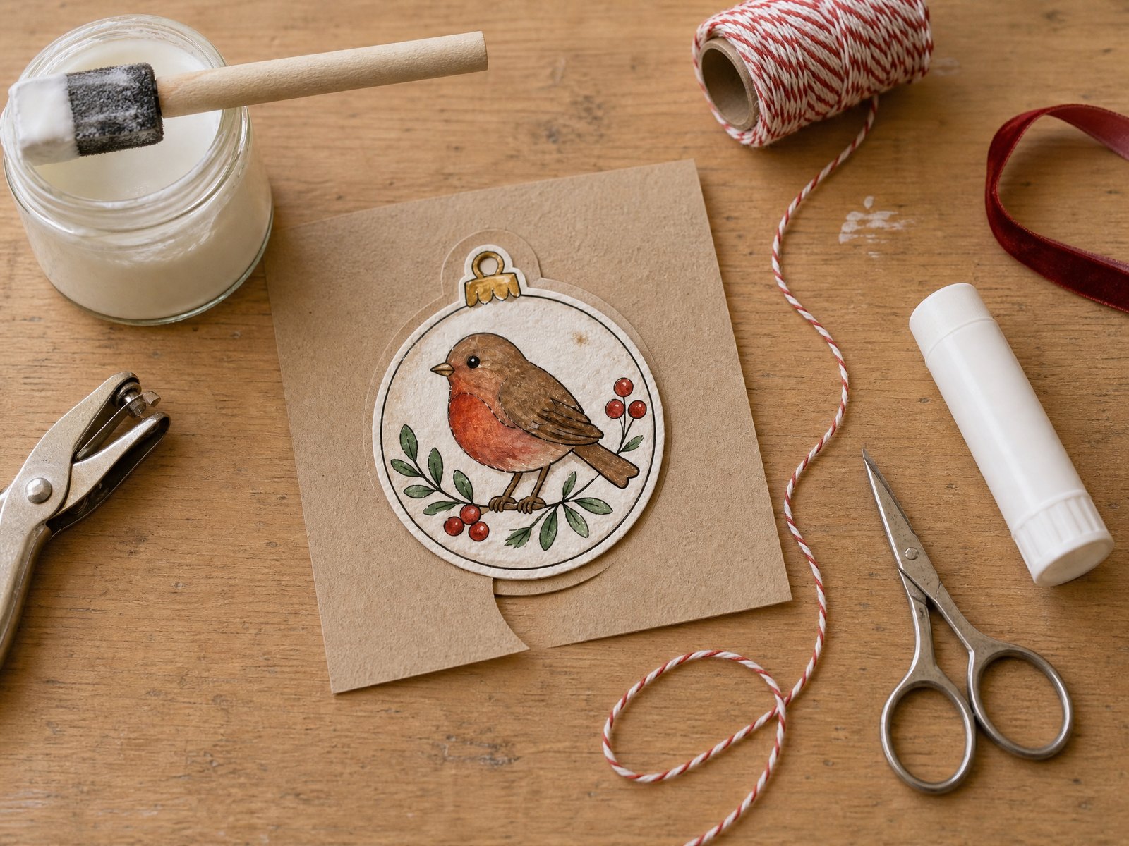 A painted paper robin ornament glued onto kraft card, with a jar of matte glue and foam brush, a hole punch, baker's twine, red ribbon, scissors and a glue stick