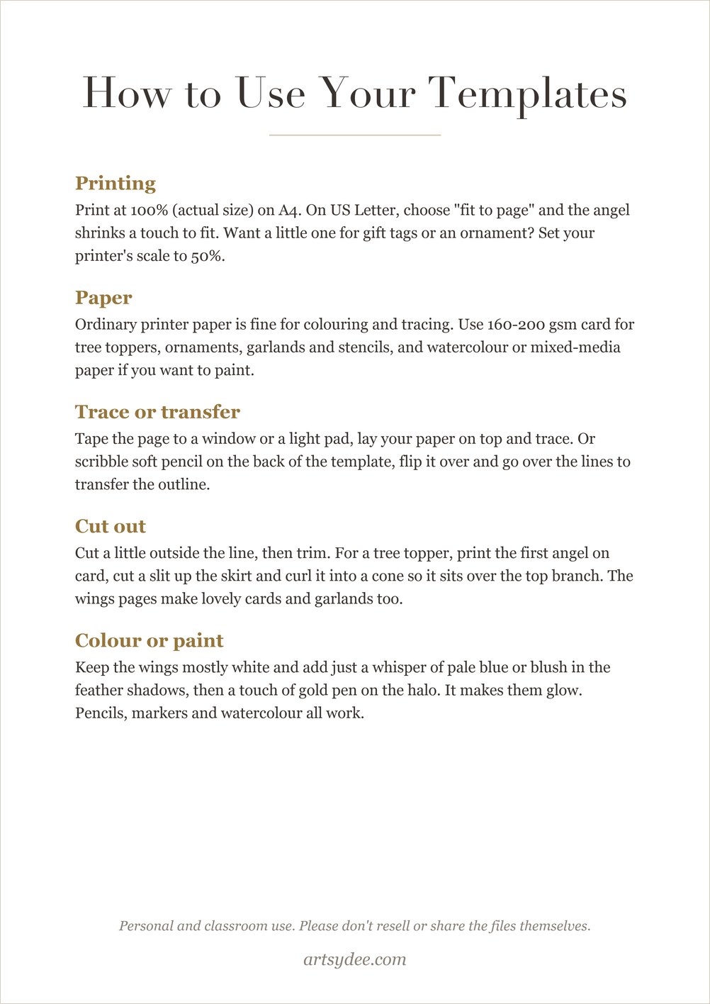 How to use the angel templates page: printing, paper, tracing, cutting out and coloring tips
