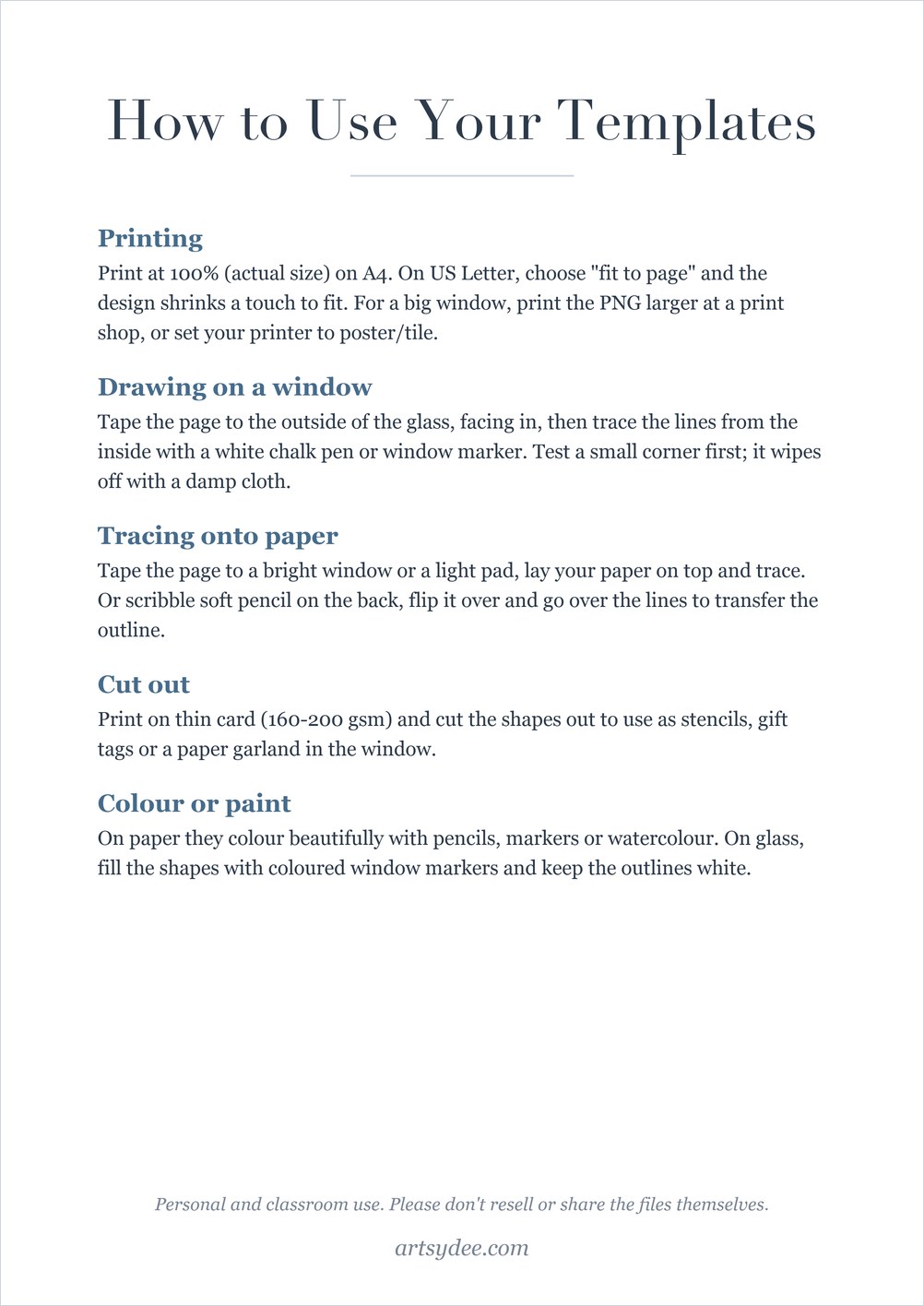 How to use the Christmas window templates page: printing, drawing on a window, tracing onto paper, cutting out and colouring tips